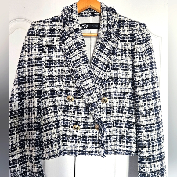 NWT ZARA TEXTURED DOUBLE-BREASTED BLAZER CROPPED XS - Picture 1 of 7